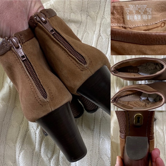FOSSIL leather/suede ankle boots reptile stacked heel zipper booties size 8 - Picture 7 of 8
